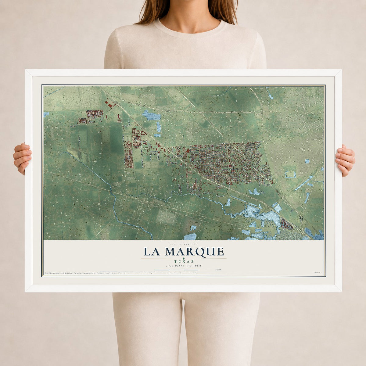 Map of La Marque, Texas, 24 x 36 inch print in a white wood frame