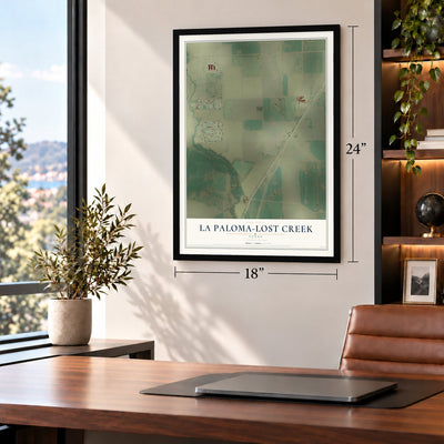 La Paloma-Lost Creek, Texas map, 18 x 24 inch print in a black frame in a home office