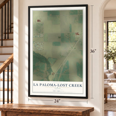 La Paloma-Lost Creek, Texas map, 24 x 36 inch print in a black frame by a staircase