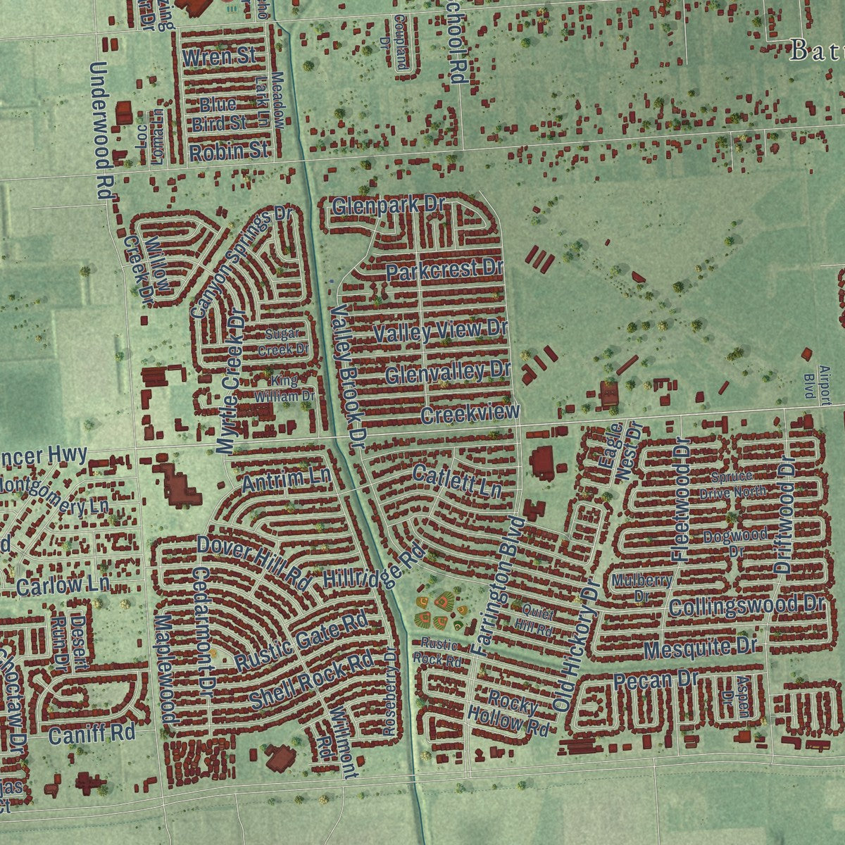 Close-up of the map of La Porte, Texas print showing street and building detail