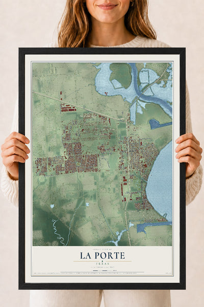 Map of La Porte, Texas, 18 x 24 inch print in a black wood frame