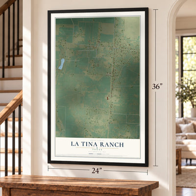 La Tina Ranch, Texas map, 24 x 36 inch print in a black frame by a staircase