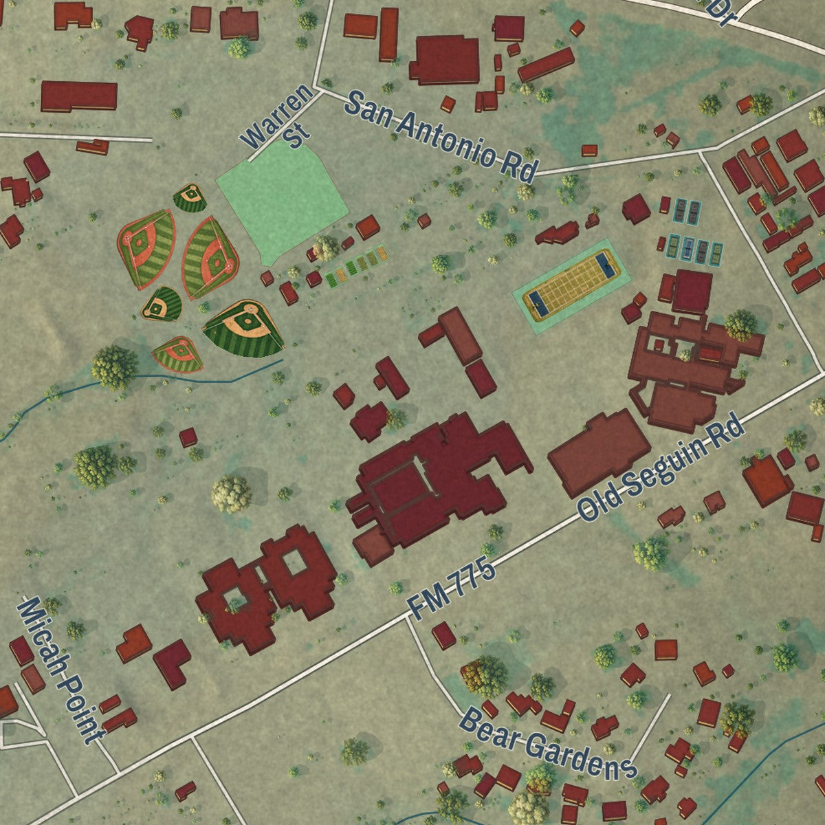 Close-up of the map of La Vernia, Texas print showing street and building detail