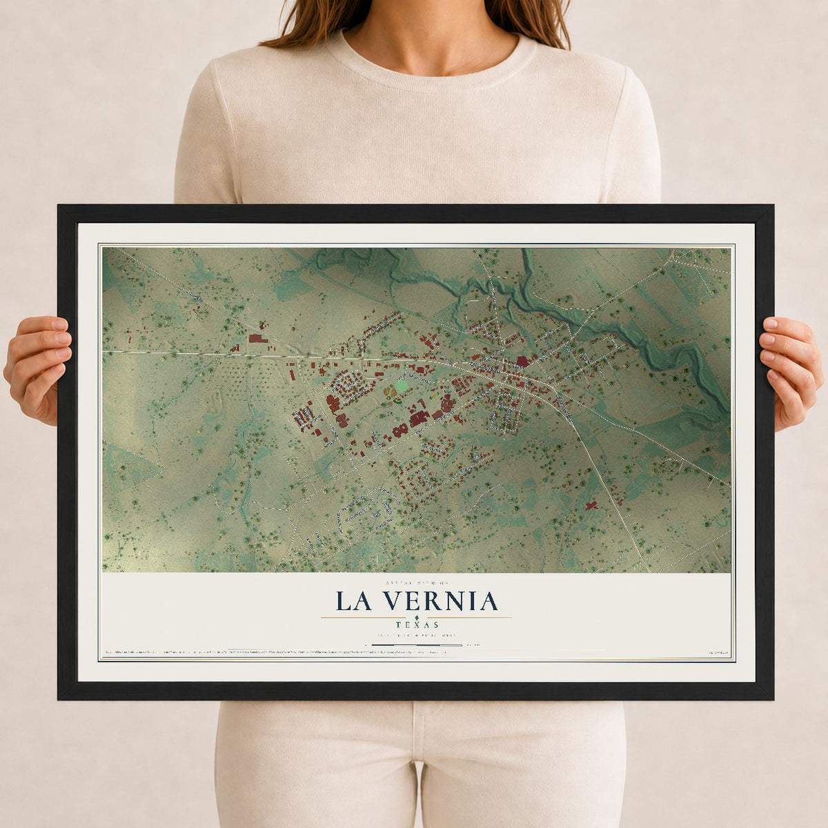Map of La Vernia, Texas, 12 x 18 inch print in a black wood frame
