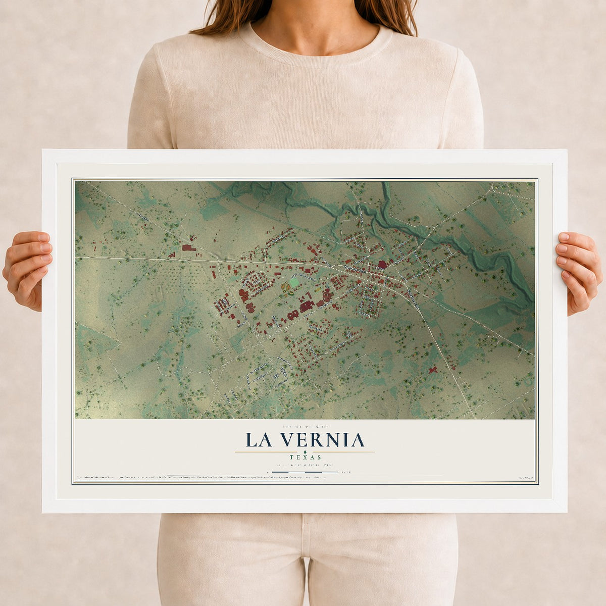 Map of La Vernia, Texas, 12 x 18 inch print in a white wood frame