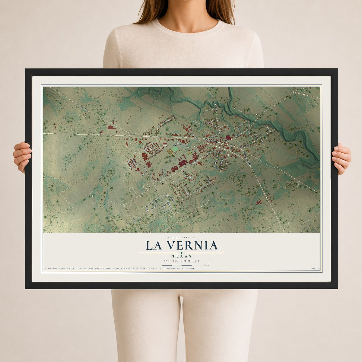 Map of La Vernia, Texas, 24 x 36 inch print in a black wood frame
