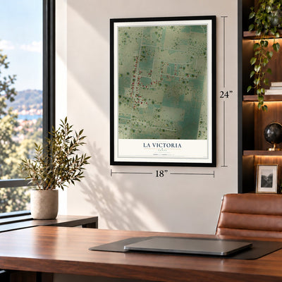 La Victoria, Texas map, 18 x 24 inch print in a black frame in a home office