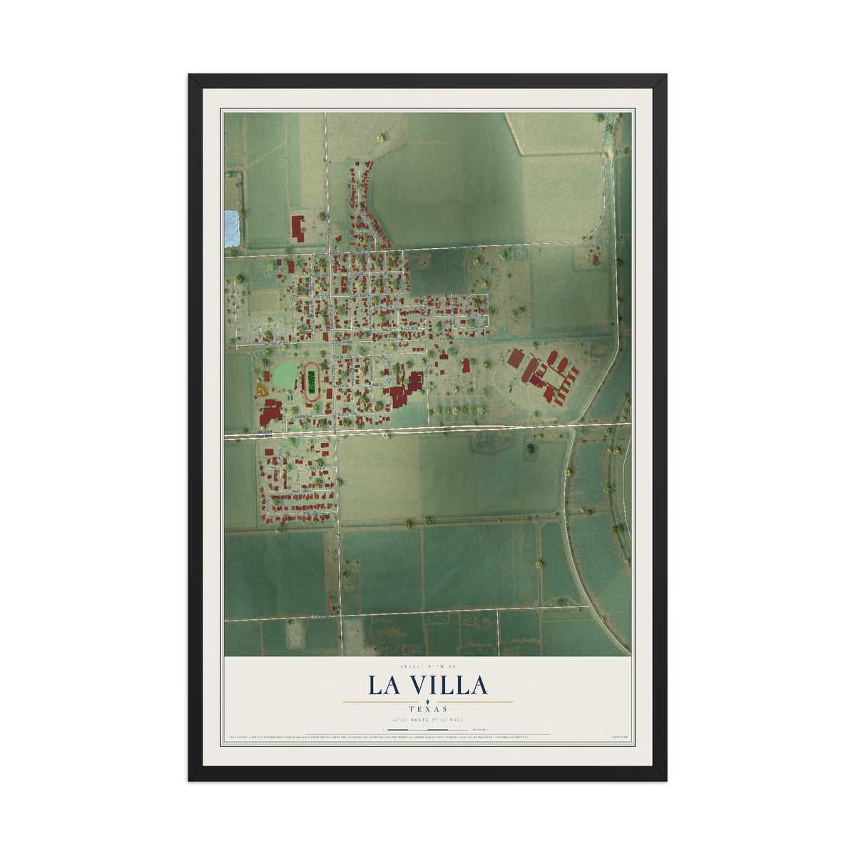 Map of La Villa, Texas, 12 x 18 inch print in a black wood frame