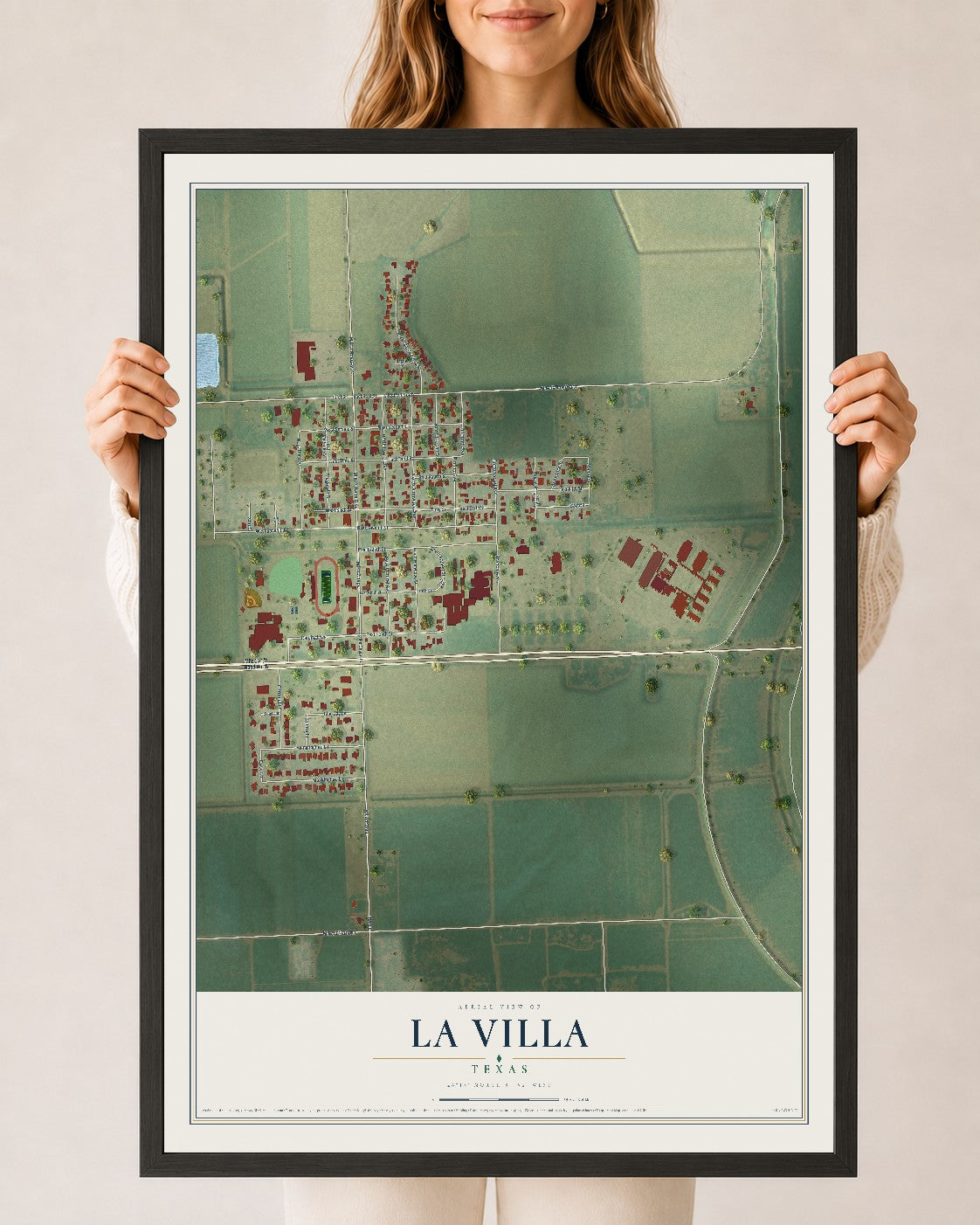 Map of La Villa, Texas, 24 x 36 inch print in a black wood frame