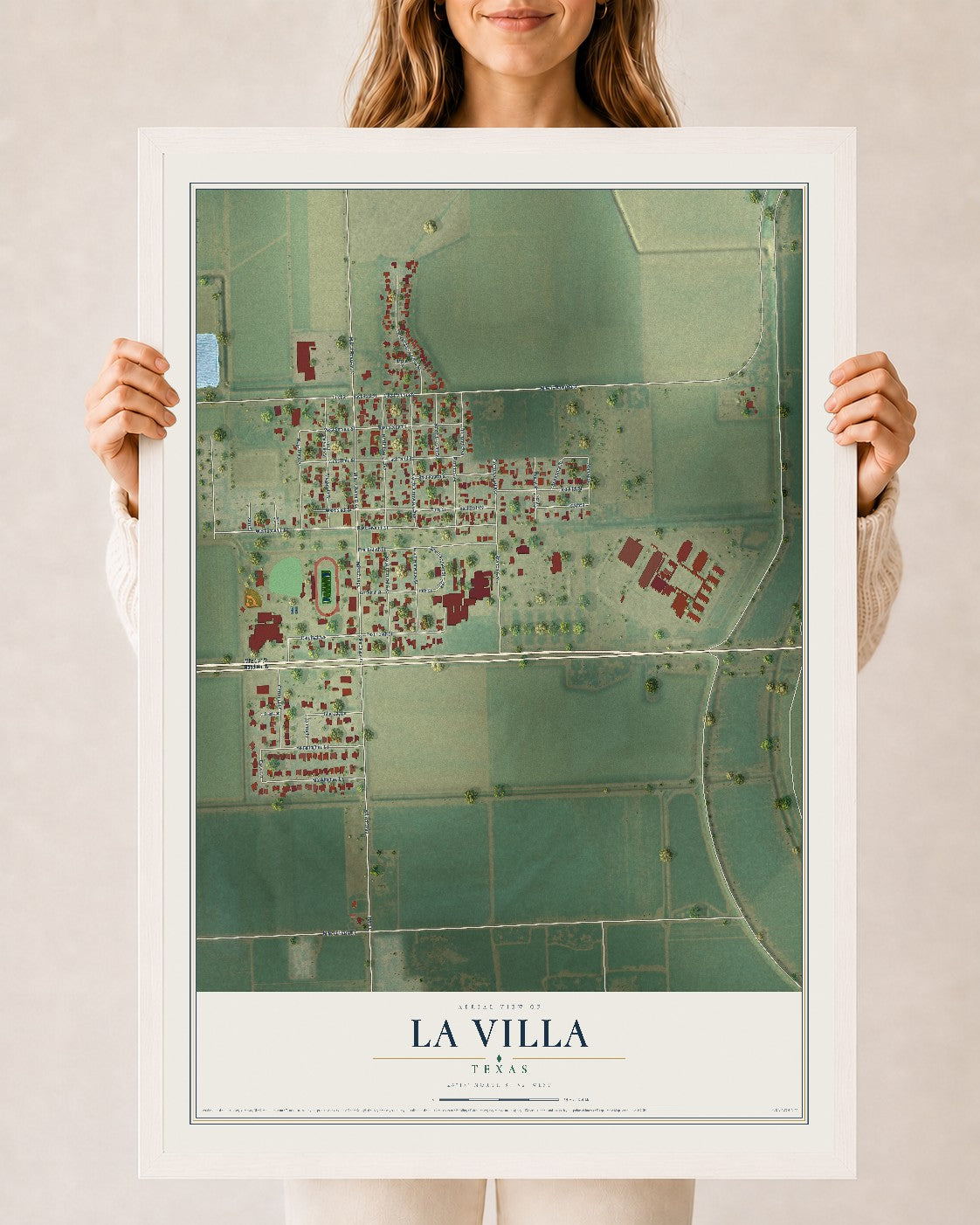 Map of La Villa, Texas, 24 x 36 inch print in a white wood frame