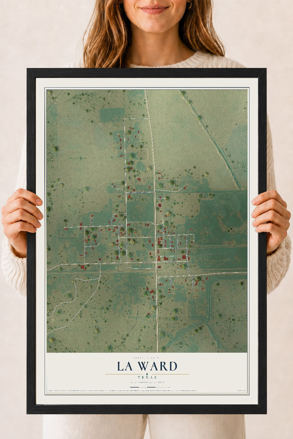 Map of La Ward, Texas, 18 x 24 inch print in a black wood frame