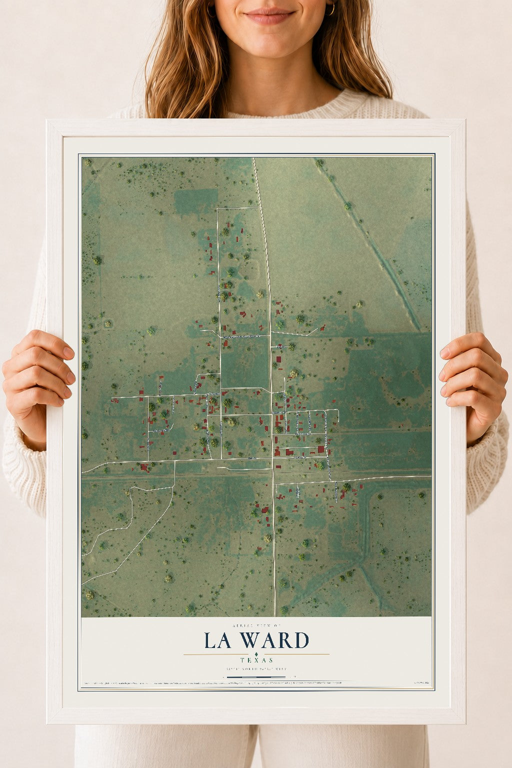 Map of La Ward, Texas, 18 x 24 inch print in a white wood frame