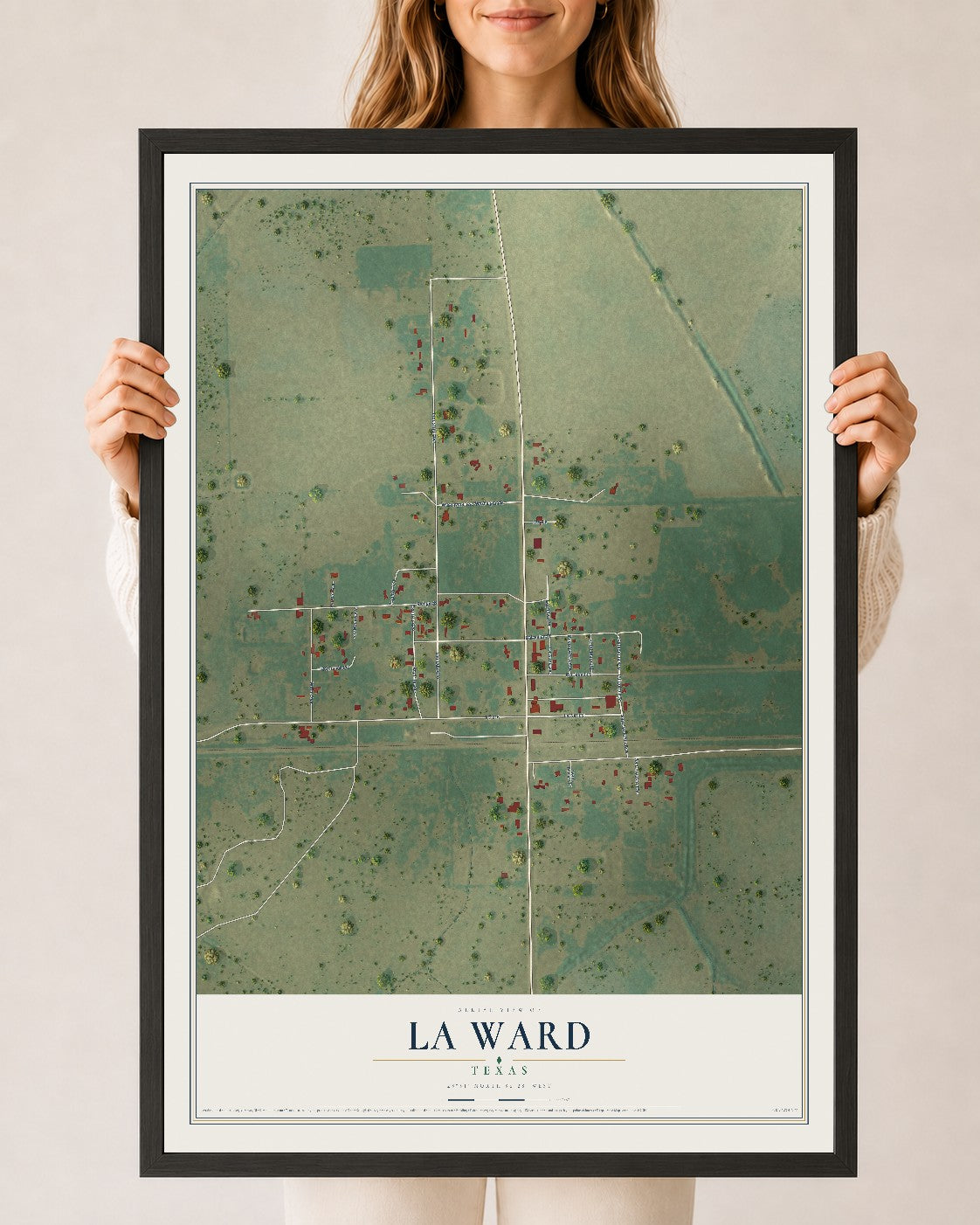 Map of La Ward, Texas, 24 x 36 inch print in a black wood frame