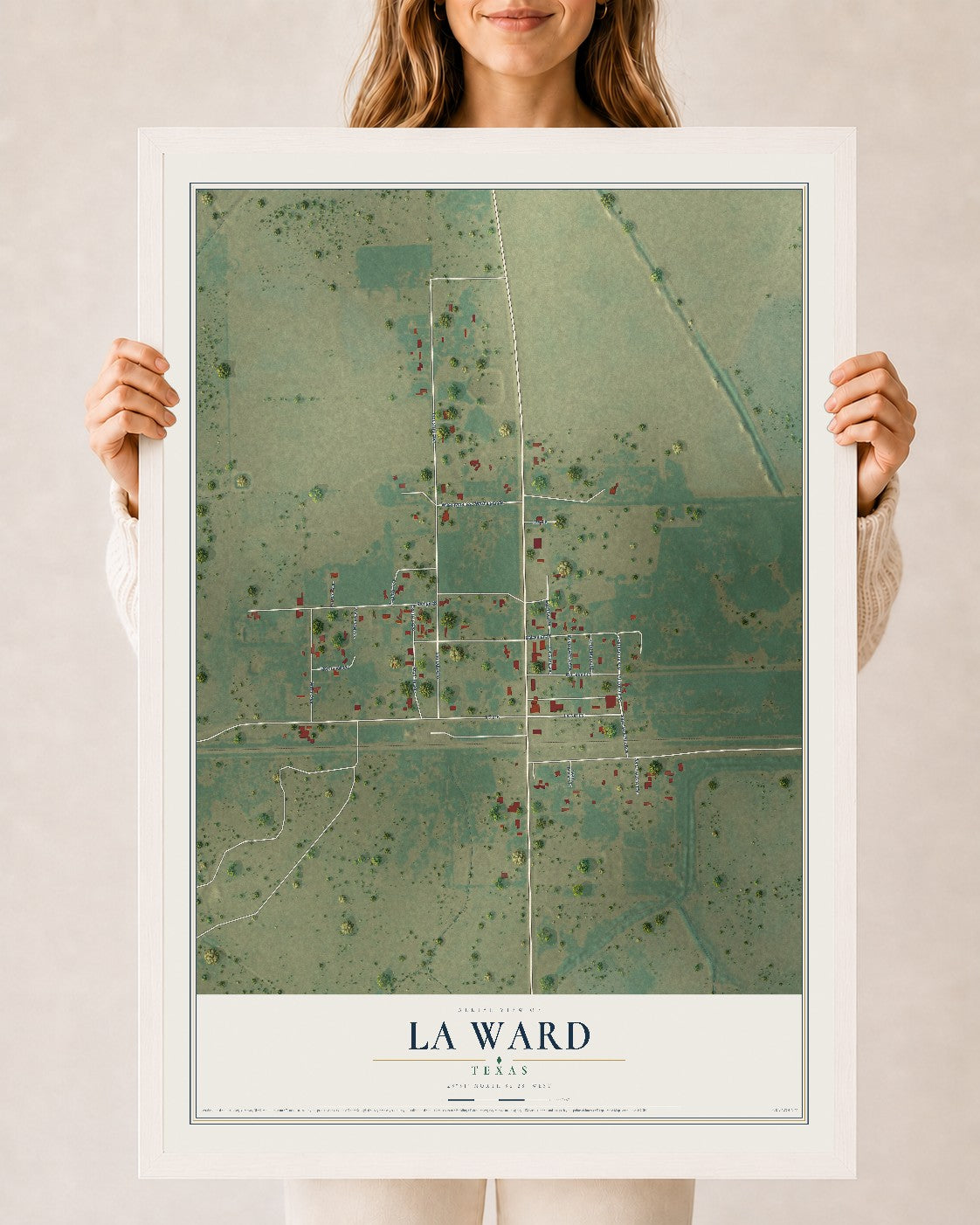 Map of La Ward, Texas, 24 x 36 inch print in a white wood frame