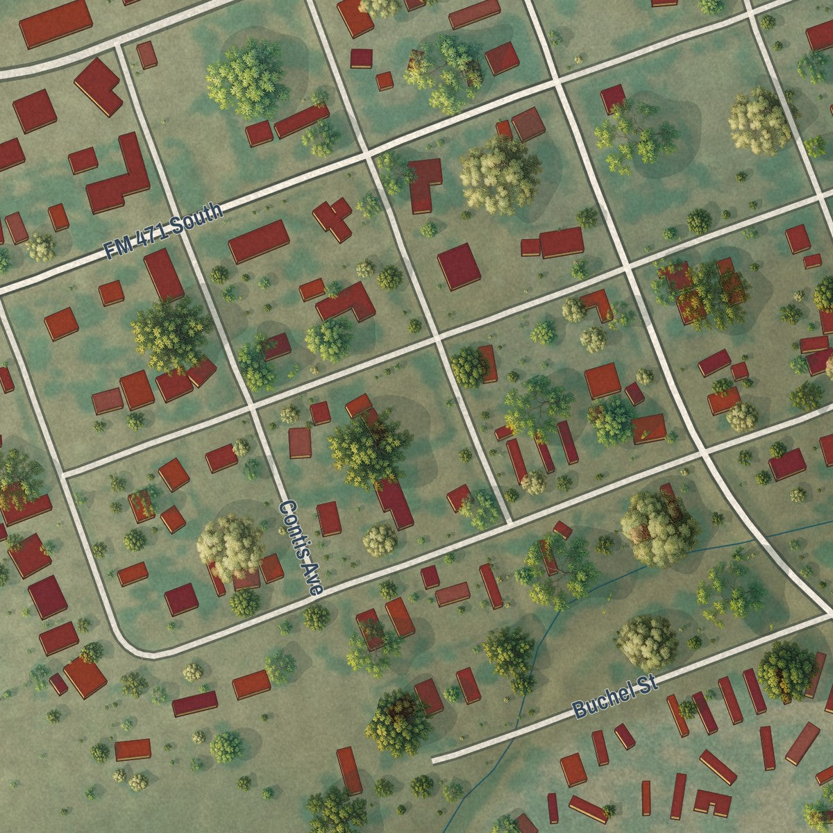 Close-up of the map of LaCoste, Texas print showing street and building detail
