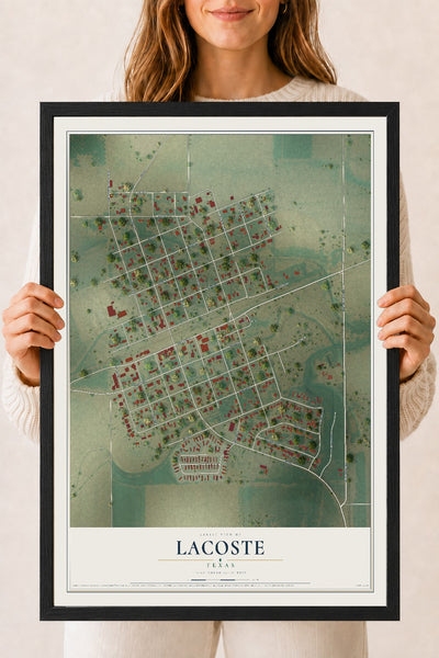 Map of LaCoste, Texas, 18 x 24 inch print in a black wood frame
