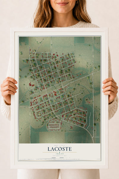 Map of LaCoste, Texas, 18 x 24 inch print in a white wood frame