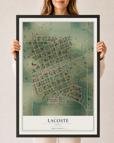 Map of LaCoste, Texas, 24 x 36 inch print in a black wood frame
