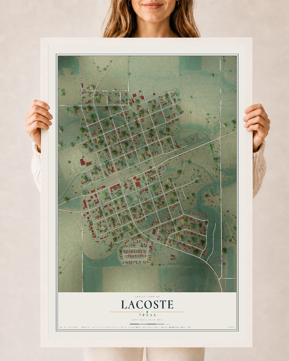 Map of LaCoste, Texas, 24 x 36 inch print in a white wood frame
