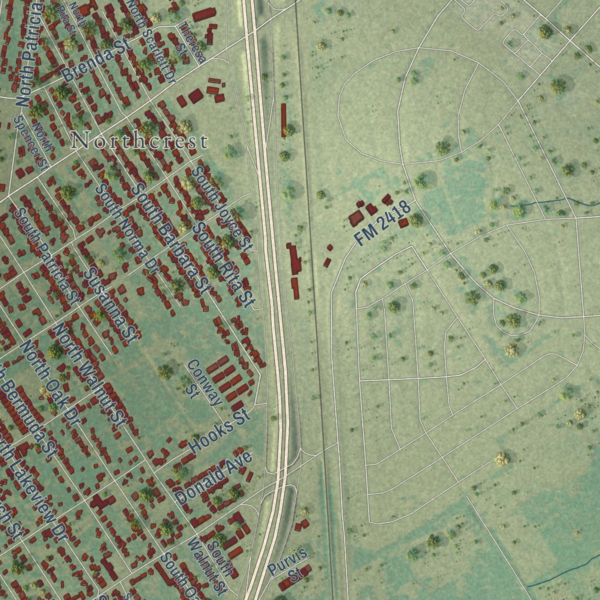 Second close-up of the map of Lacy-Lakeview, Texas print showing more streets and buildings