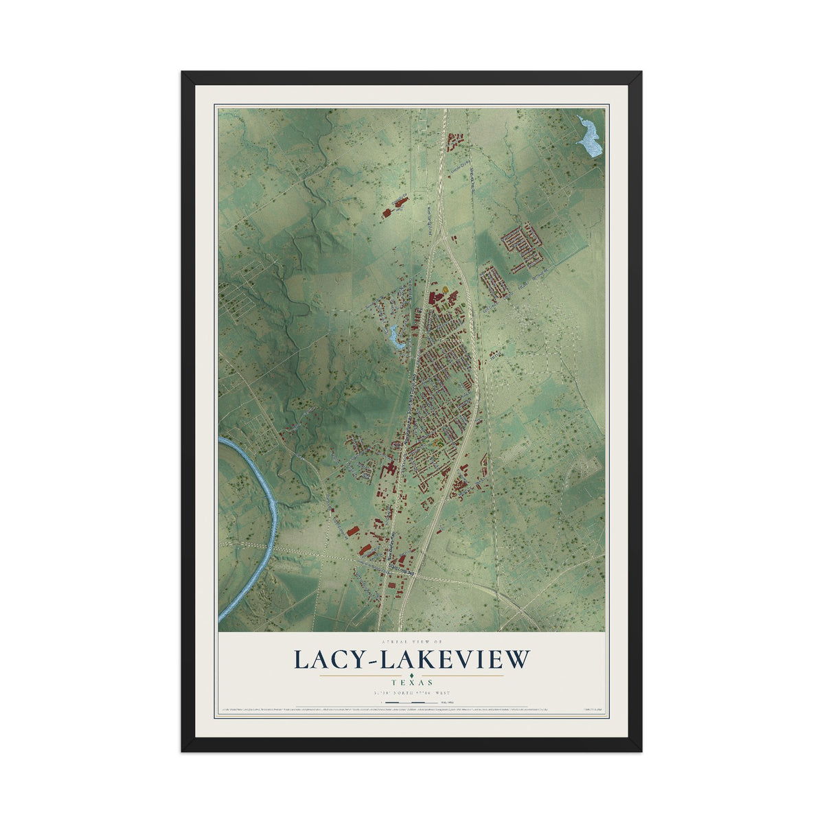 Map of Lacy-Lakeview, Texas, 12 x 18 inch print in a black wood frame