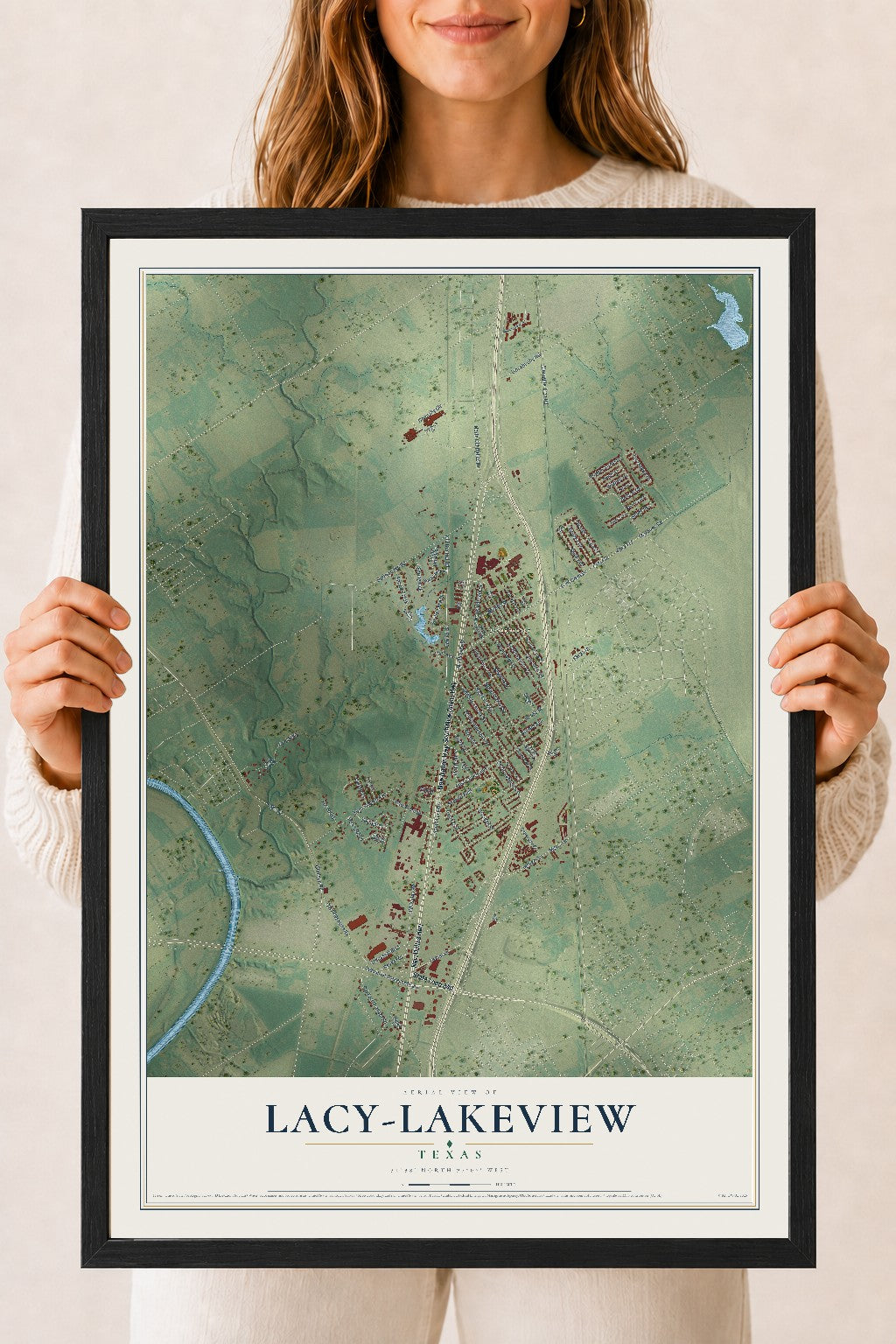 Map of Lacy-Lakeview, Texas, 18 x 24 inch print in a black wood frame