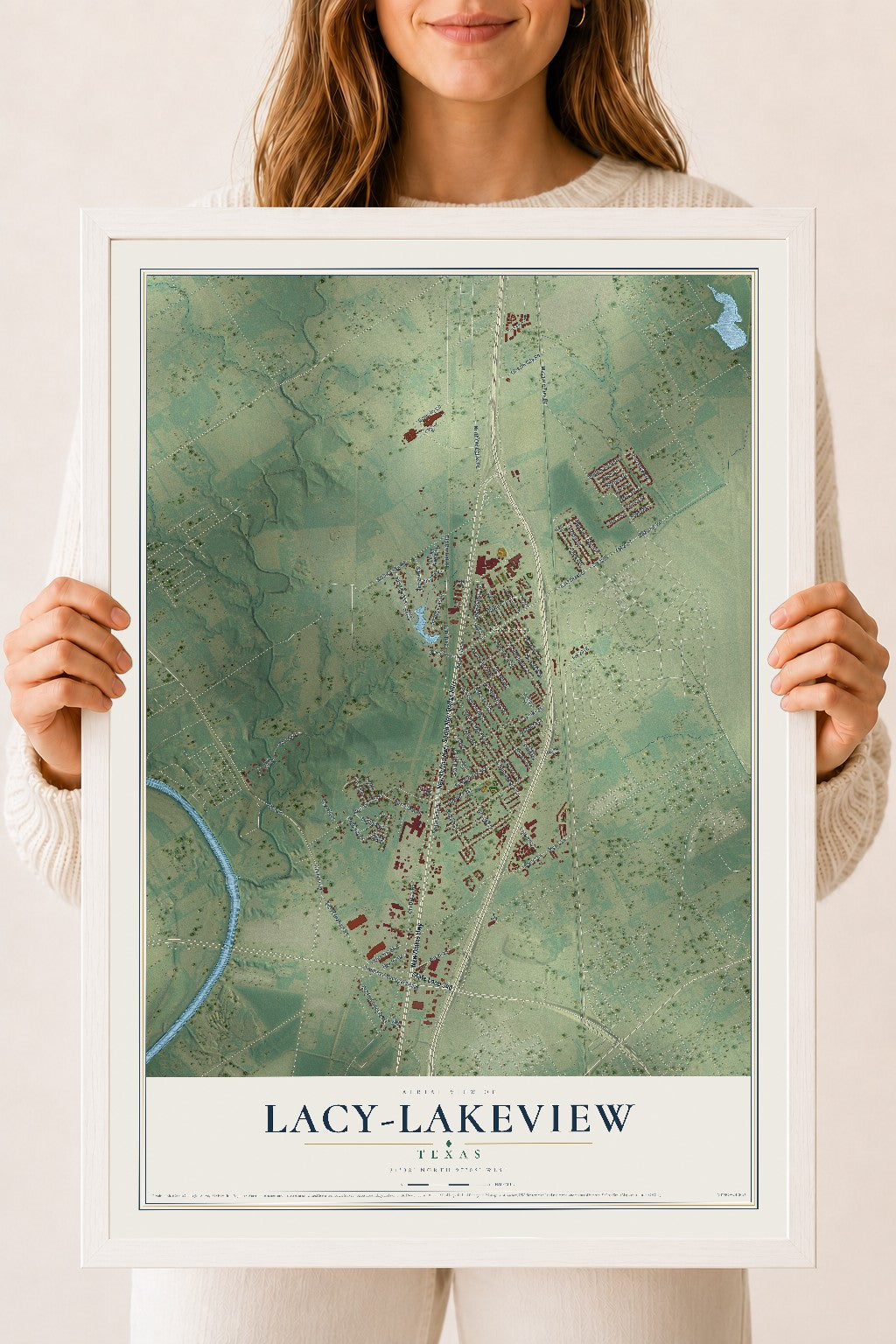 Map of Lacy-Lakeview, Texas, 18 x 24 inch print in a white wood frame
