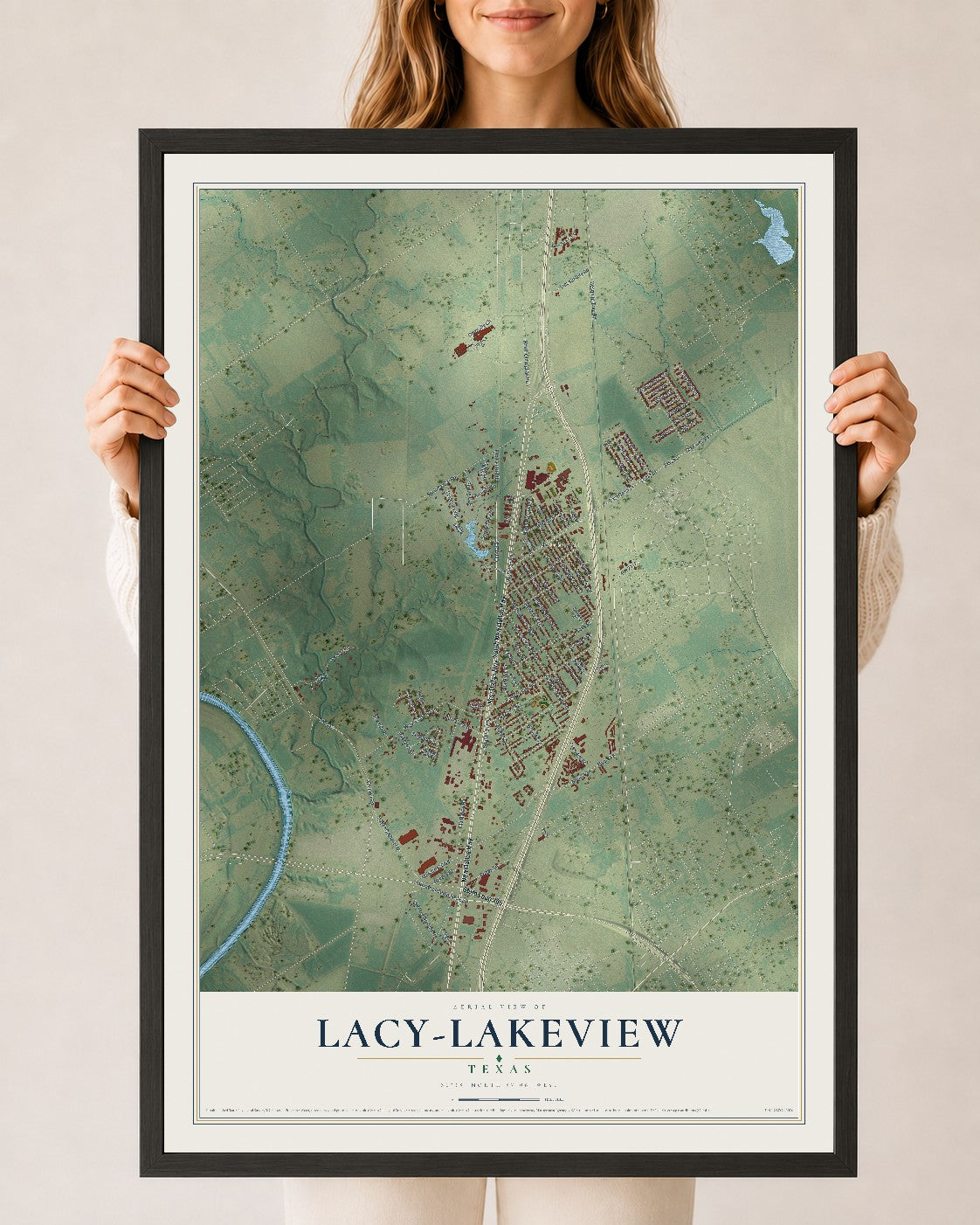 Map of Lacy-Lakeview, Texas, 24 x 36 inch print in a black wood frame