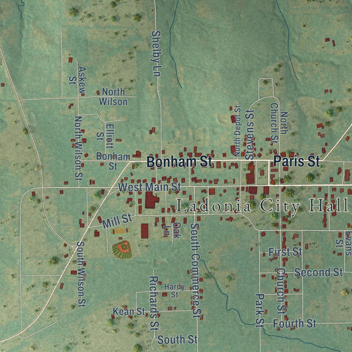 Close-up of the map of Ladonia, Texas print showing street and building detail