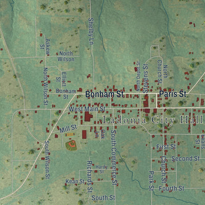 Close-up of the map of Ladonia, Texas print showing street and building detail