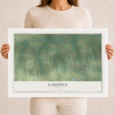 Map of Ladonia, Texas, 12 x 18 inch print in a white wood frame