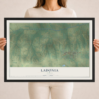 Map of Ladonia, Texas, 18 x 24 inch print in a black wood frame