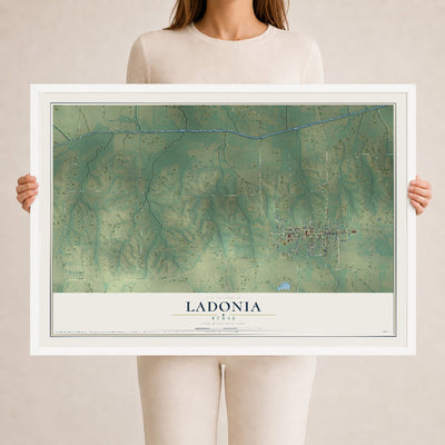 Map of Ladonia, Texas, 24 x 36 inch print in a white wood frame