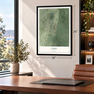 Lago, Texas map, 18 x 24 inch print in a black frame in a home office