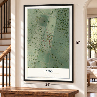Lago, Texas map, 24 x 36 inch print in a black frame by a staircase