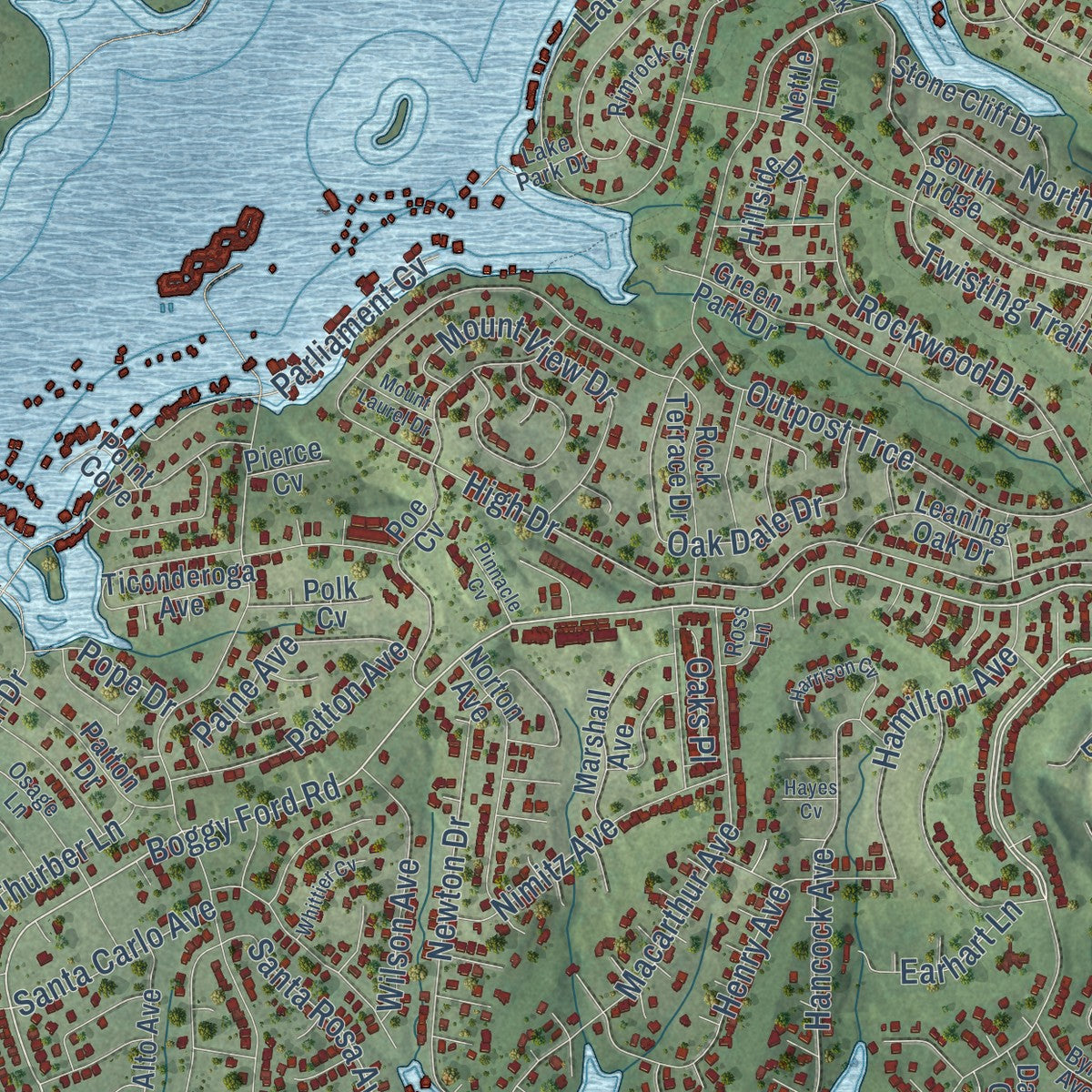 Close-up of the map of Lago Vista, Texas print showing street and building detail