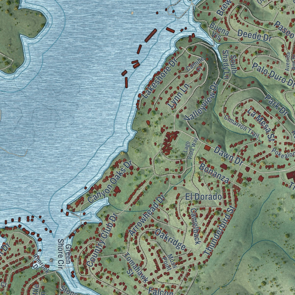 Second close-up of the map of Lago Vista, Texas print showing more streets and buildings