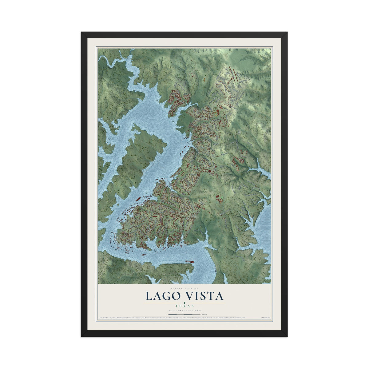 Map of Lago Vista, Texas, 12 x 18 inch print in a black wood frame