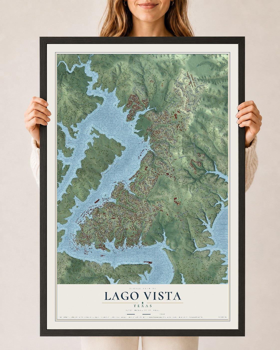 Map of Lago Vista, Texas, 24 x 36 inch print in a black wood frame
