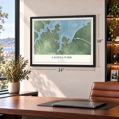 Laguna Park, Texas map, 18 x 24 inch print in a black frame in a home office