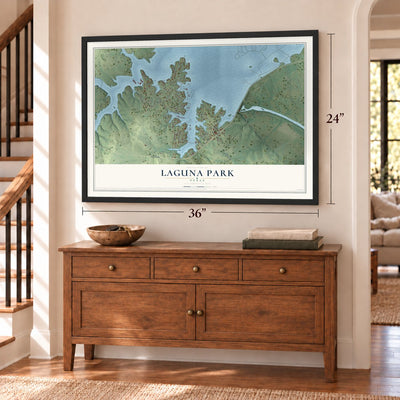 Laguna Park, Texas map, 24 x 36 inch print in a black frame above a dresser by a staircase