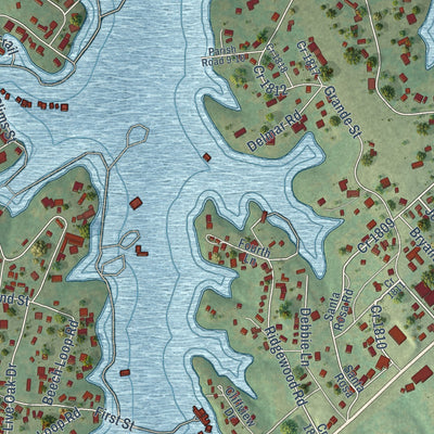 Close-up of the map of Laguna Park, Texas print showing street and building detail