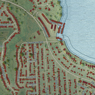 Close-up of the map of Laguna Vista, Texas print showing street and building detail