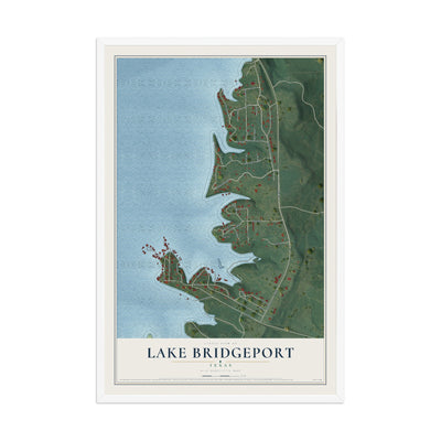 Map of Lake Bridgeport, Texas, 12 x 18 inch print in a white wood frame