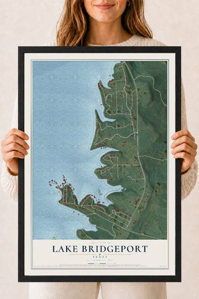 Map of Lake Bridgeport, Texas, 18 x 24 inch print in a black wood frame