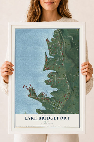 Map of Lake Bridgeport, Texas, 18 x 24 inch print in a white wood frame