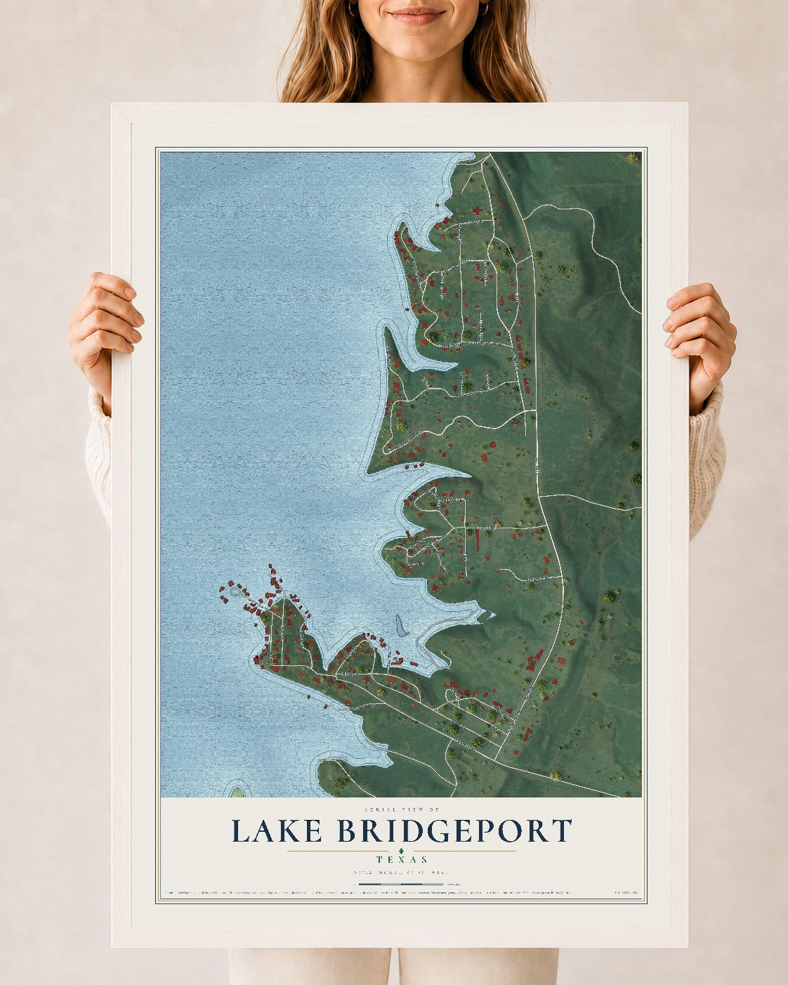 Map of Lake Bridgeport, Texas, 24 x 36 inch print in a white wood frame