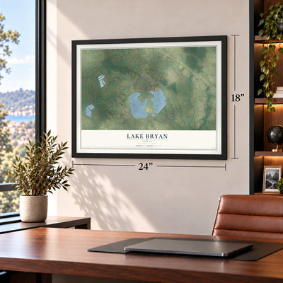 Lake Bryan, Texas map, 18 x 24 inch print in a black frame in a home office