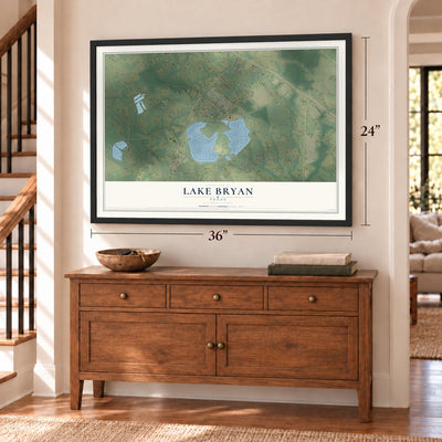 Lake Bryan, Texas map, 24 x 36 inch print in a black frame above a dresser by a staircase