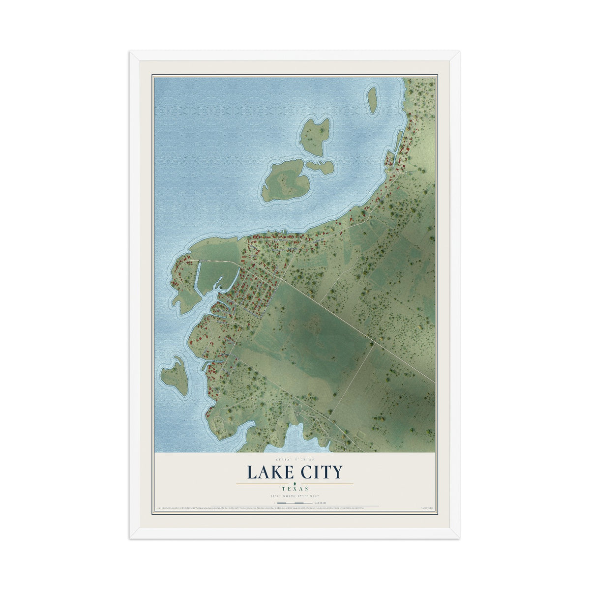 Map of Lake City, Texas, 12 x 18 inch print in a white wood frame